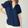 Current Air Short Sleeve Tops-Split Neckline Top NAVY