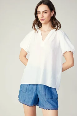 Current Air Short Sleeve Tops-Split Neckline Top WHITE