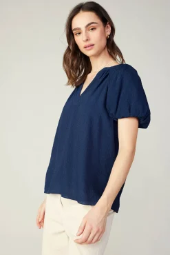Current Air Short Sleeve Tops-Split Neckline Top NAVY