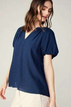 Current Air Short Sleeve Tops-Split Neckline Top NAVY