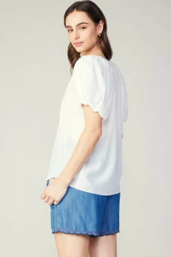 Current Air Short Sleeve Tops-Split Neckline Top WHITE