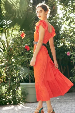 Current Air Midi Dresses-Square Neck Flutter Sleeve Midi Dress ORANGERED