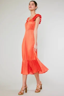 Current Air Midi Dresses-Square Neck Flutter Sleeve Midi Dress ORANGERED