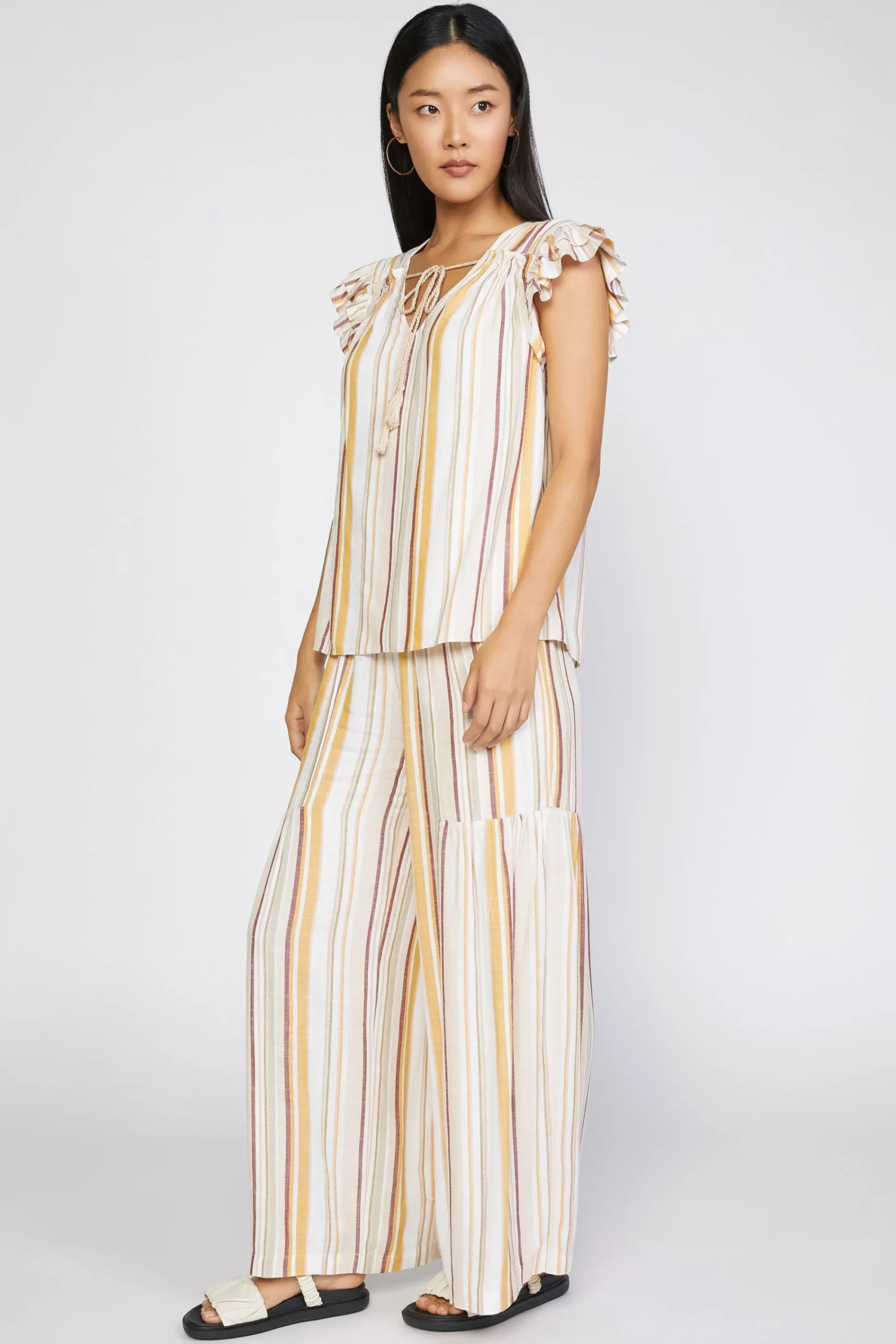 Current Air Sleeveless Tops-Striped Flutter Sleeve Top MULTISTRIPE