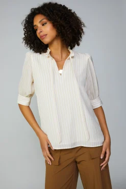 Current Air Short Sleeve Tops-Striped Structured Sleeve Blouse NATURALSTRIPE