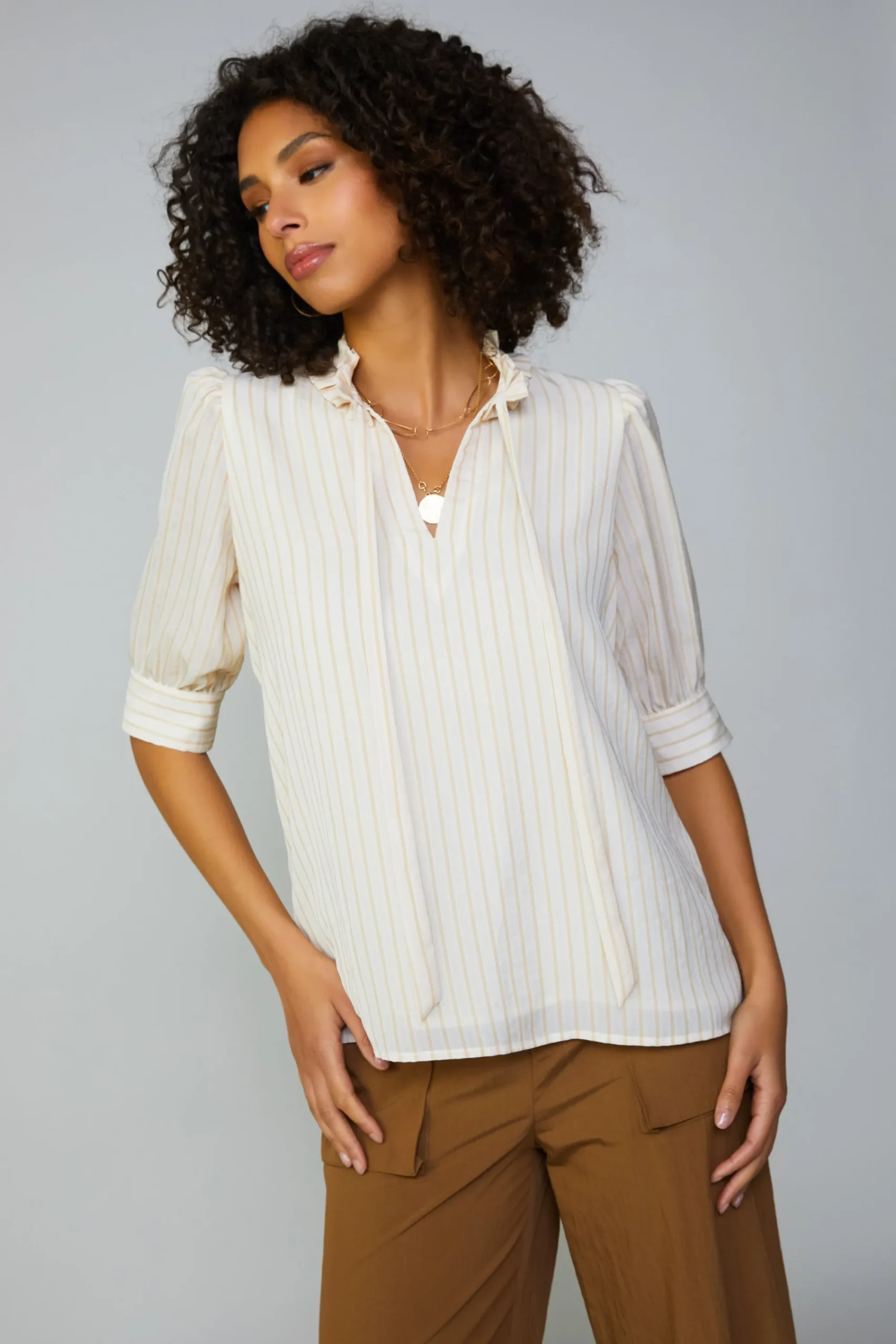 Current Air Short Sleeve Tops-Striped Structured Sleeve Blouse NATURALSTRIPE