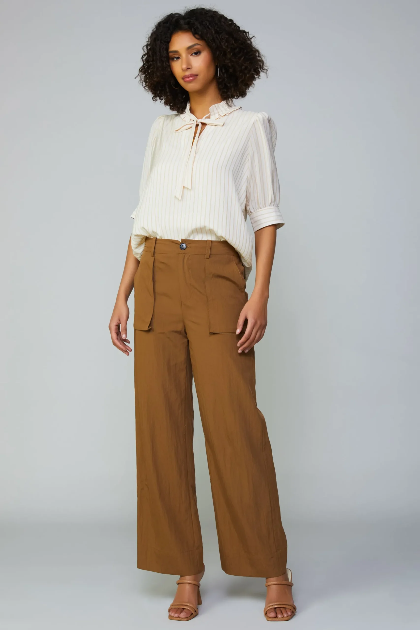 Current Air Short Sleeve Tops-Striped Structured Sleeve Blouse NATURALSTRIPE