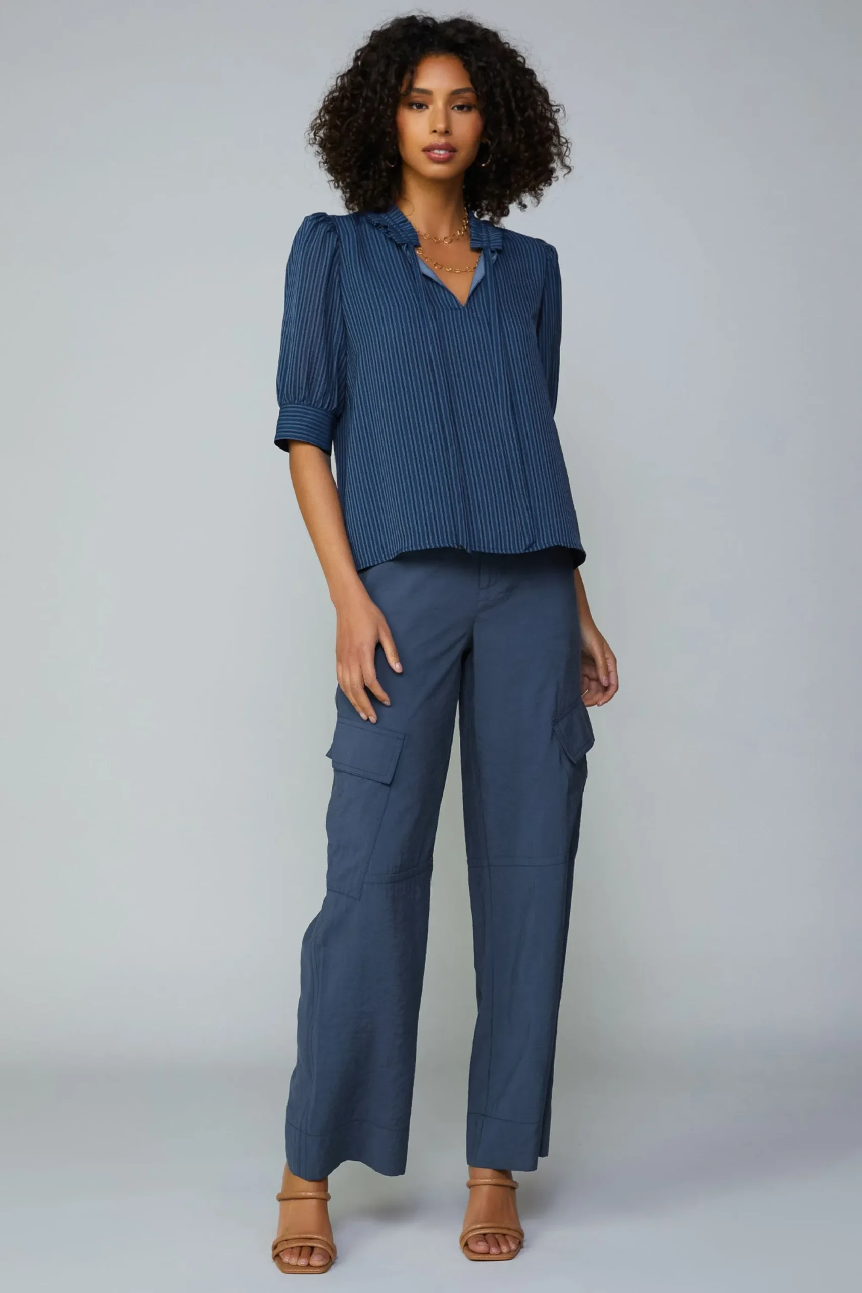 Current Air Short Sleeve Tops-Striped Structured Sleeve Blouse NAVY