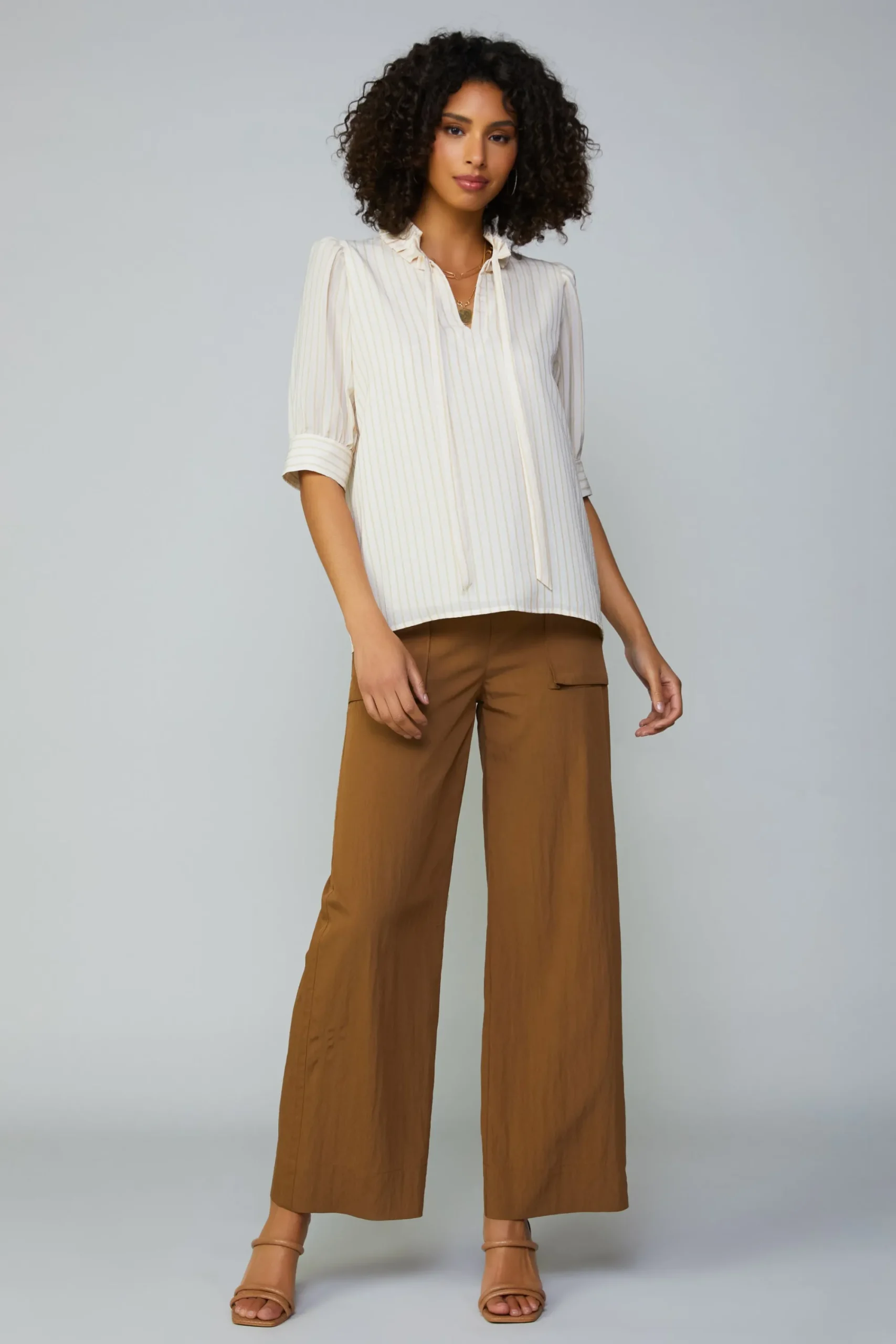 Current Air Short Sleeve Tops-Striped Structured Sleeve Blouse NATURALSTRIPE