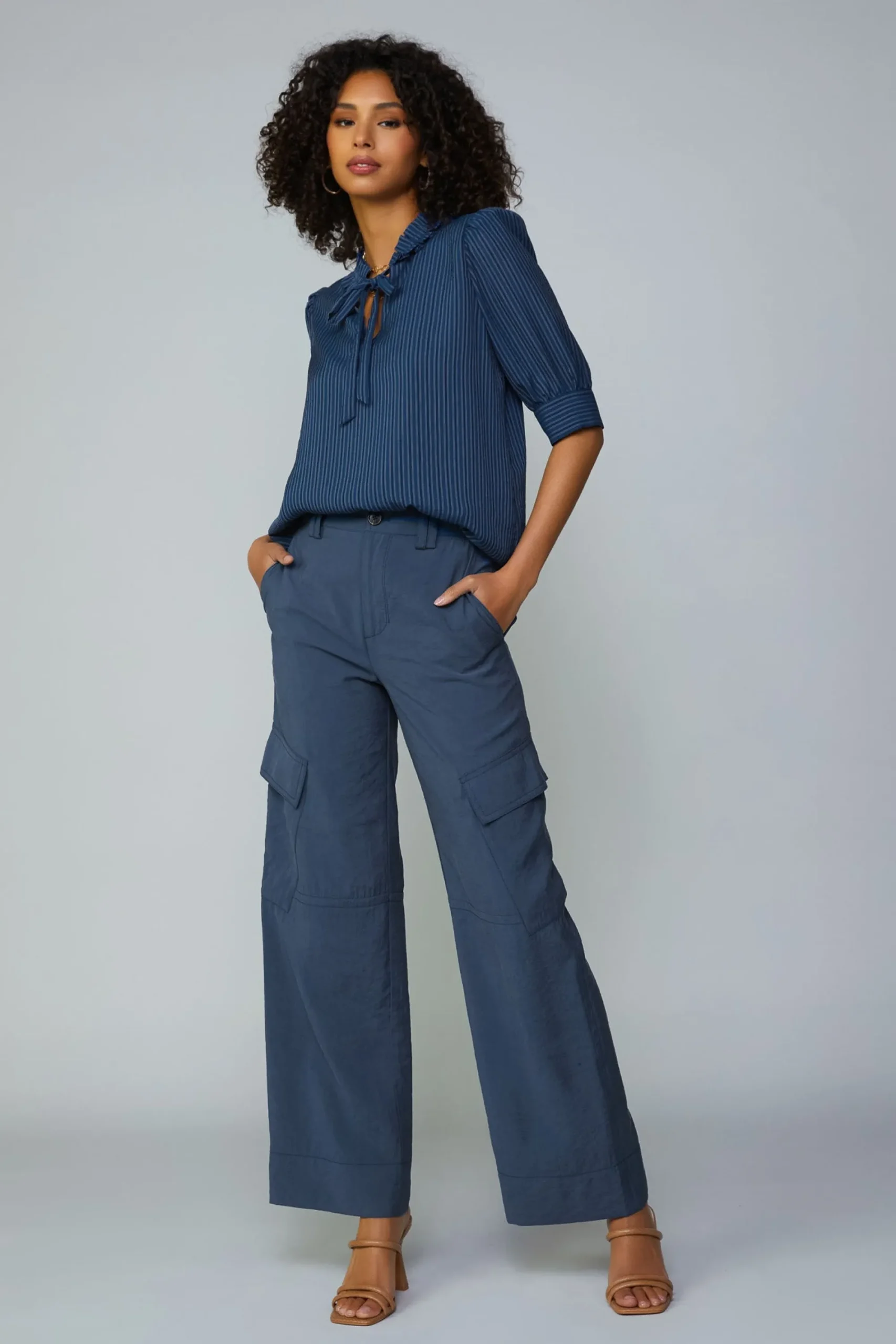 Current Air Short Sleeve Tops-Striped Structured Sleeve Blouse NAVY