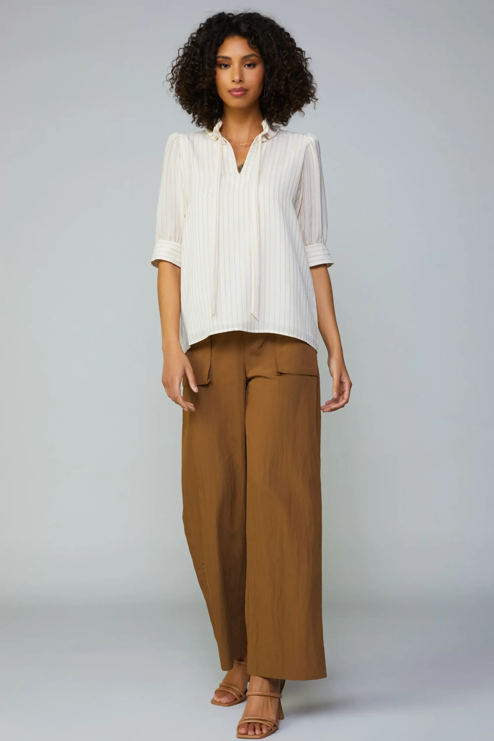 Current Air Short Sleeve Tops-Striped Structured Sleeve Blouse NATURALSTRIPE
