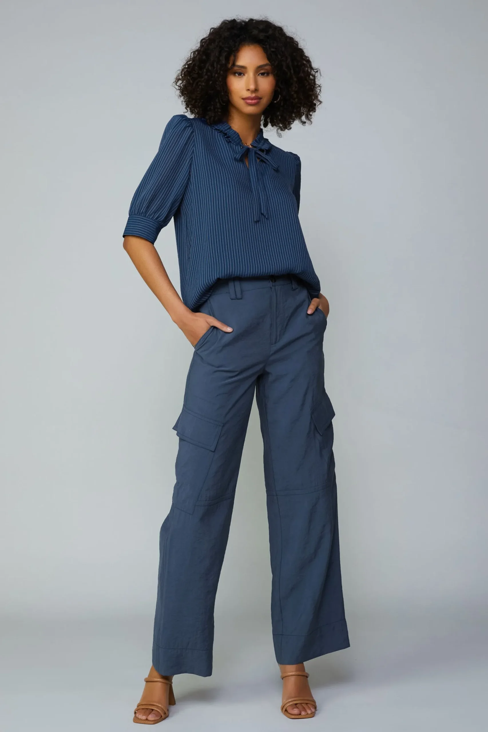 Current Air Short Sleeve Tops-Striped Structured Sleeve Blouse NAVY