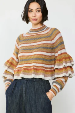 Current Air Sweaters-Striped Tiered Sleeve Sweater MUSTARDMLT