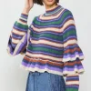 Current Air Sweaters-Striped Tiered Sleeve Sweater PURPLEGREEN