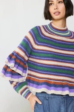 Current Air Sweaters-Striped Tiered Sleeve Sweater PURPLEGREEN