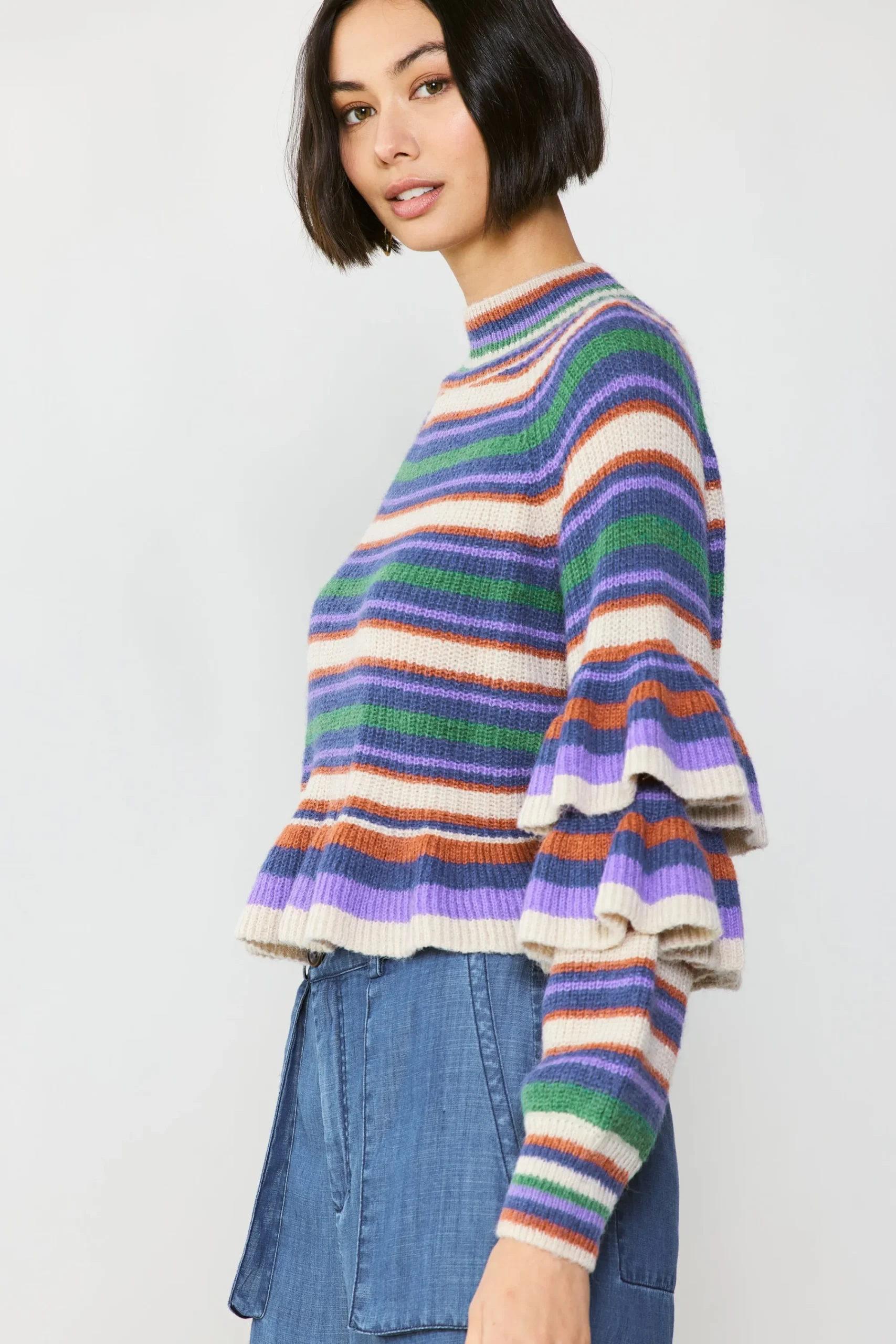 Current Air Sweaters-Striped Tiered Sleeve Sweater PURPLEGREEN
