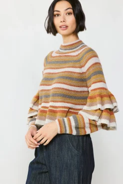 Current Air Sweaters-Striped Tiered Sleeve Sweater MUSTARDMLT
