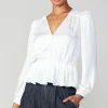 Current Air Long Sleeve Tops-Surplice Peplum Blouse WHITE