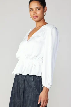 Current Air Long Sleeve Tops-Surplice Peplum Blouse WHITE