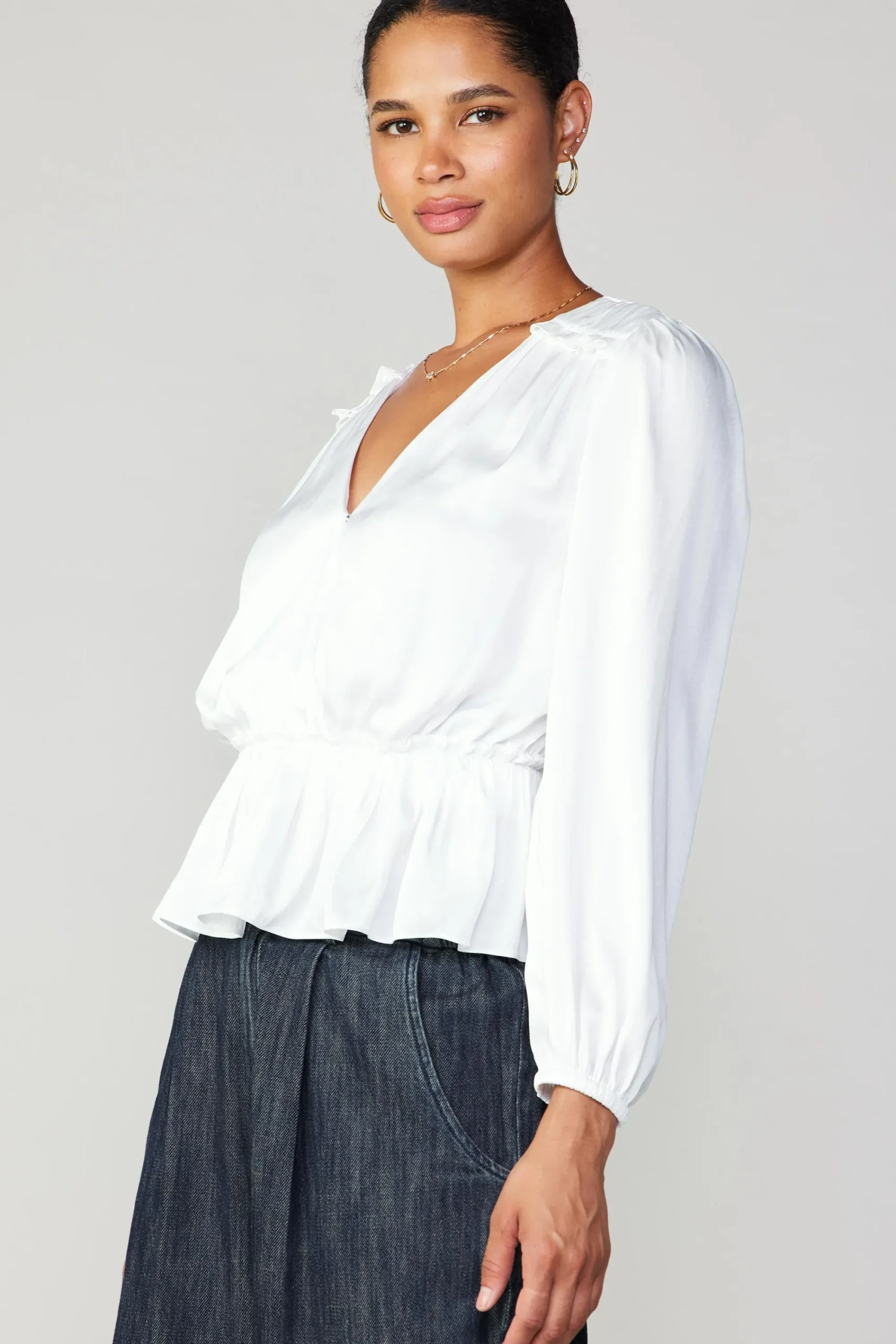 Current Air Long Sleeve Tops-Surplice Peplum Blouse WHITE