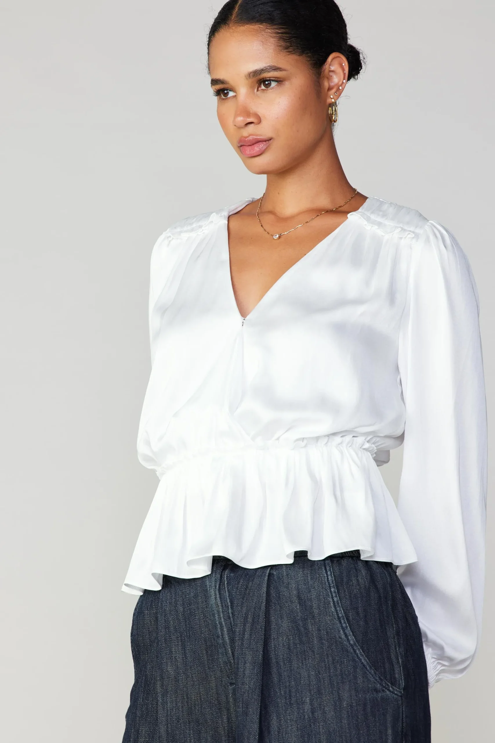 Current Air Long Sleeve Tops-Surplice Peplum Blouse WHITE