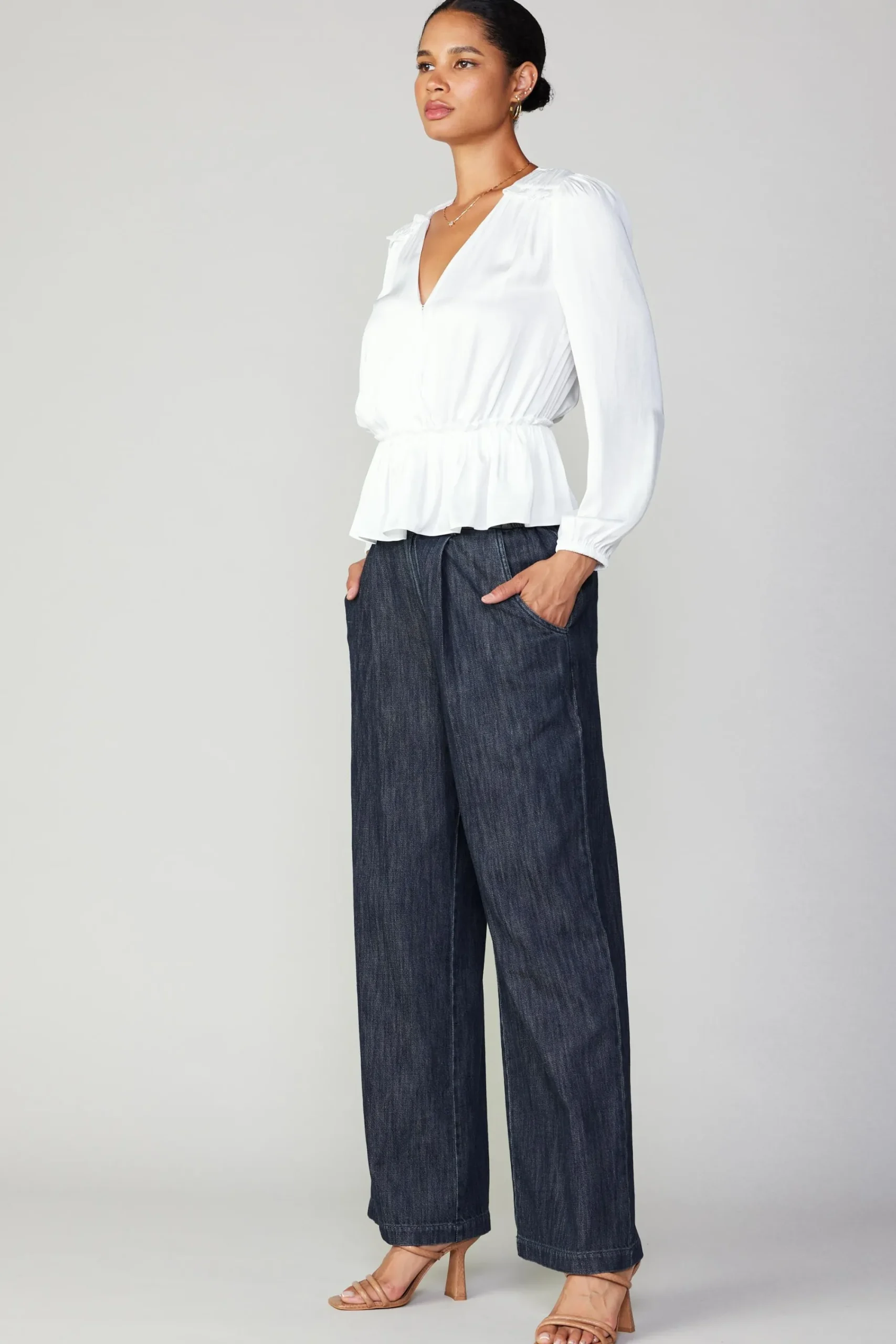 Current Air Long Sleeve Tops-Surplice Peplum Blouse WHITE