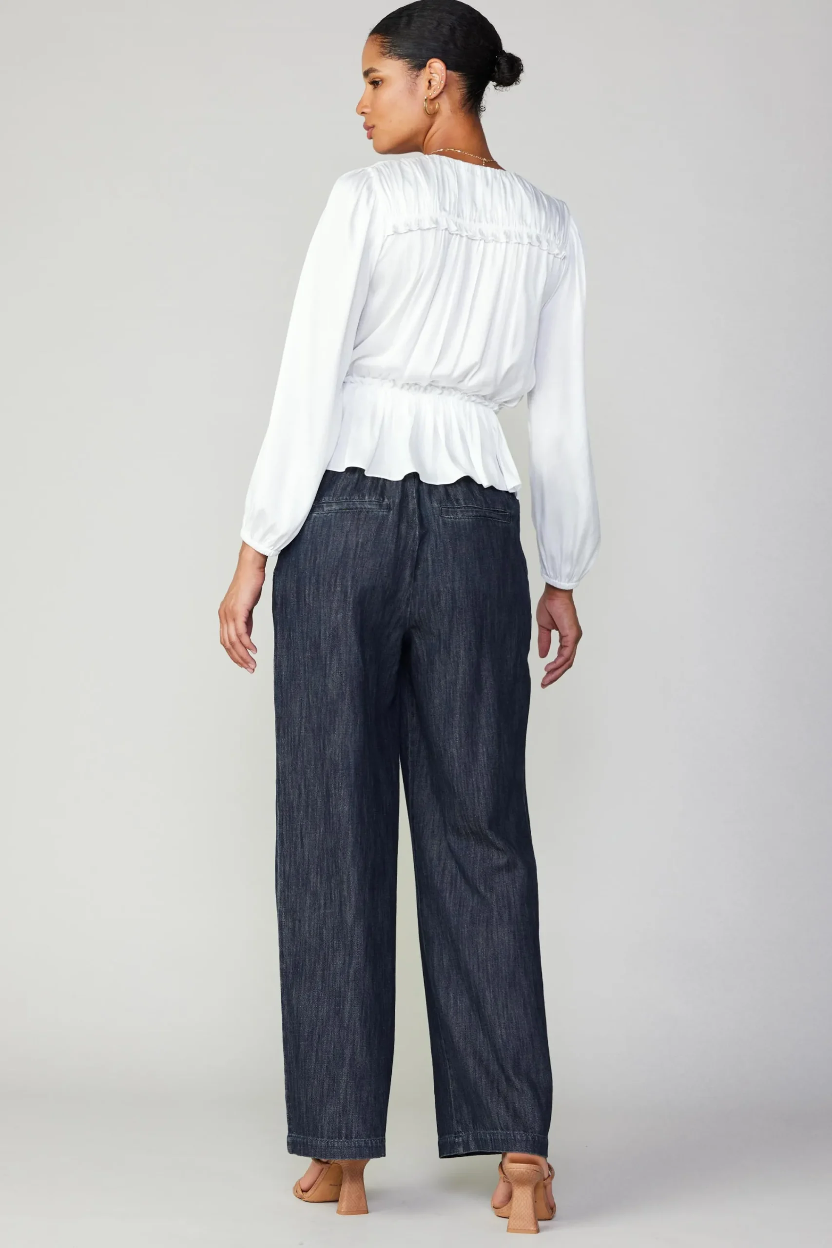 Current Air Long Sleeve Tops-Surplice Peplum Blouse WHITE