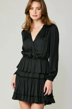 Current Air Mini Dresses-Surplice Tiered Mini Dress BLACK