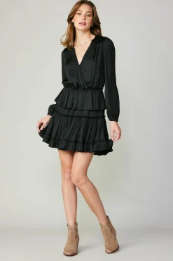 Current Air Mini Dresses-Surplice Tiered Mini Dress BLACK