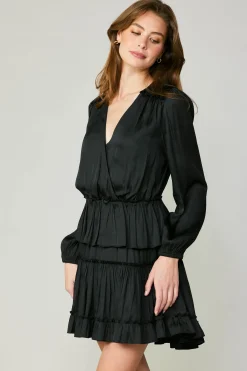 Current Air Mini Dresses-Surplice Tiered Mini Dress BLACK