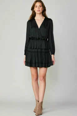 Current Air Mini Dresses-Surplice Tiered Mini Dress BLACK