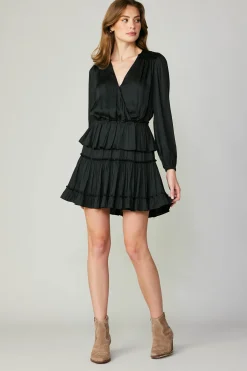 Current Air Mini Dresses-Surplice Tiered Mini Dress BLACK