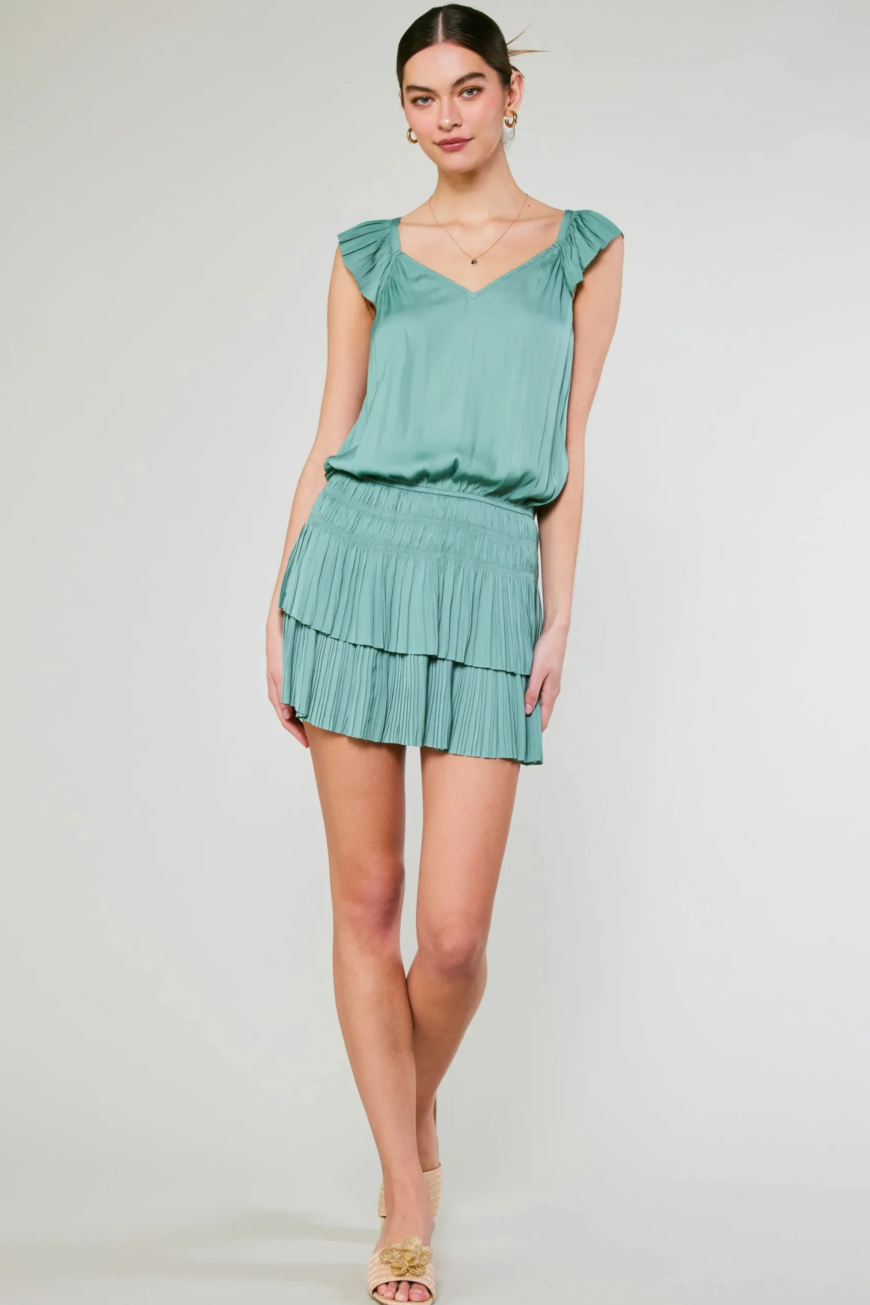 Current Air Mini Dresses-Sweetheart Smocked Mini Dress SAGEGREEN