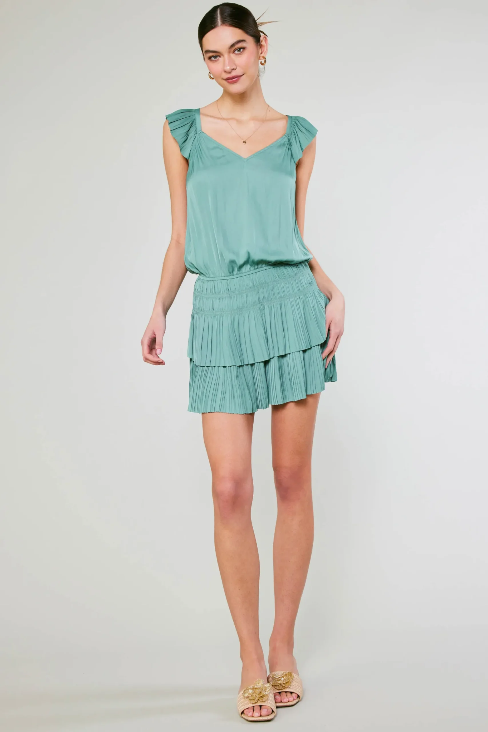 Current Air Mini Dresses-Sweetheart Smocked Mini Dress SAGEGREEN