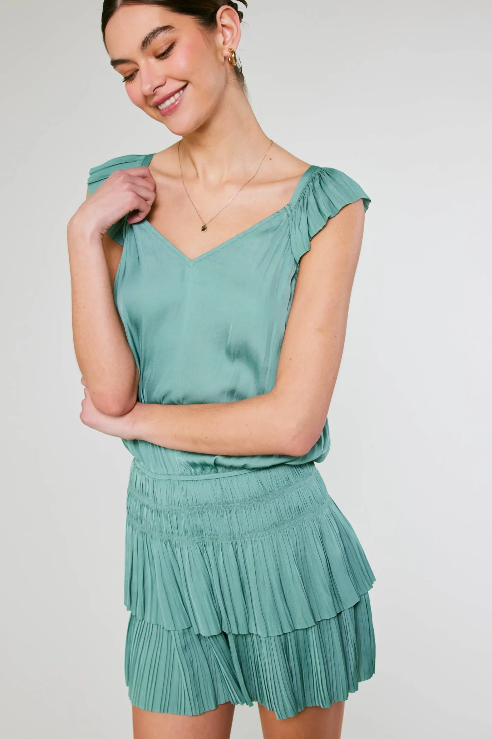 Current Air Mini Dresses-Sweetheart Smocked Mini Dress SAGEGREEN