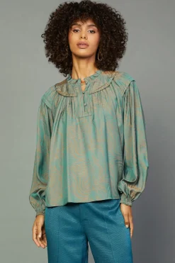 Current Air Long Sleeve Tops-Swirl Motif Blouse TEAL-ORANGE