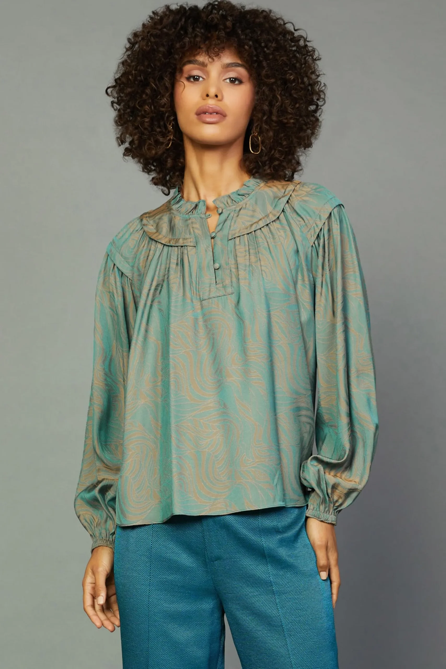Current Air Long Sleeve Tops-Swirl Motif Blouse TEAL-ORANGE