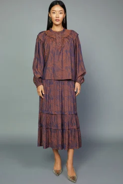 Current Air Long Sleeve Tops-Swirl Motif Blouse PURPLE-ORANGE