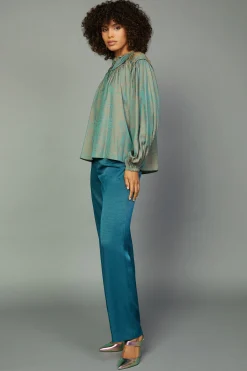 Current Air Long Sleeve Tops-Swirl Motif Blouse TEAL-ORANGE