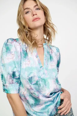 Current Air Short Sleeve Tops-Swirl Motif Blouse OCEANMULTI