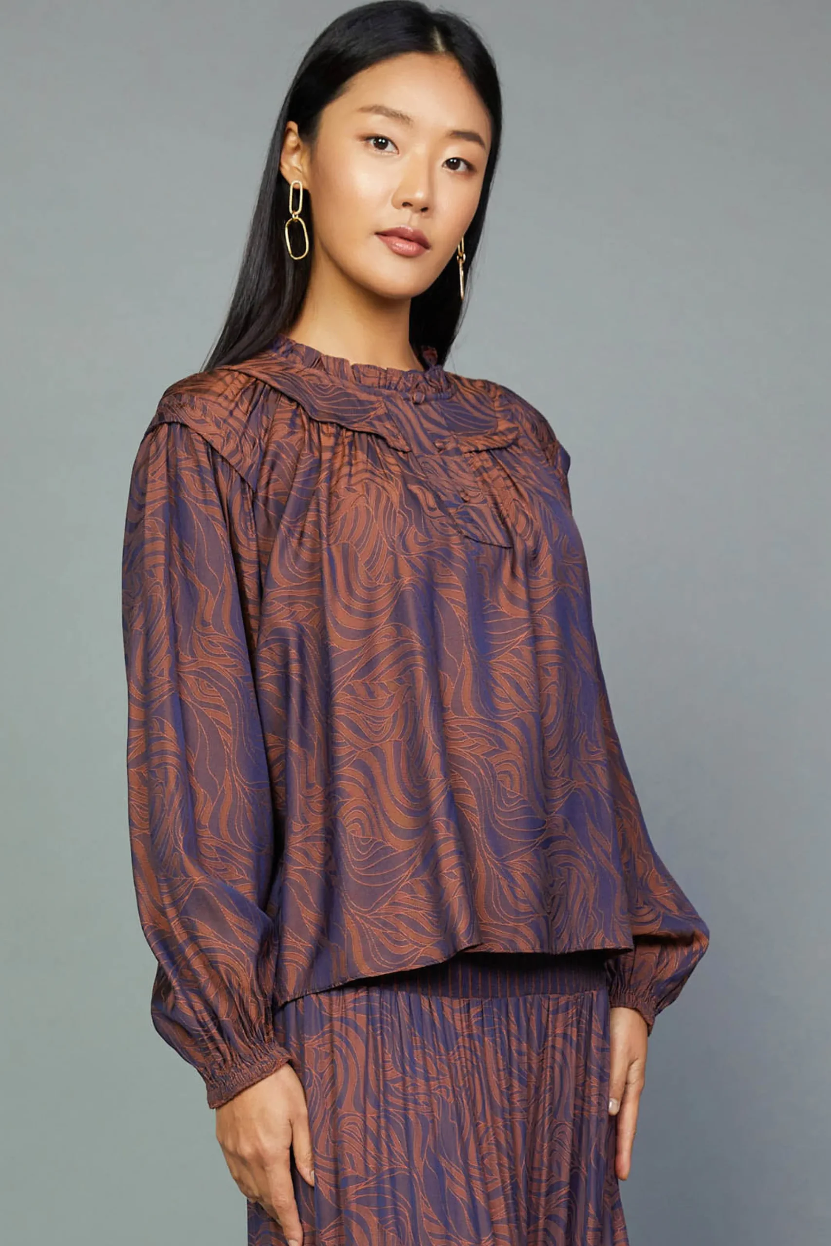 Current Air Long Sleeve Tops-Swirl Motif Blouse PURPLE-ORANGE