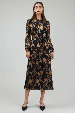 Current Air Midi Dresses-Textured Floral Midi Dress BLACKGOLD