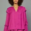 Current Air Long Sleeve Tops-Tiered Bubble Sleeve Blouse FUCHSIA