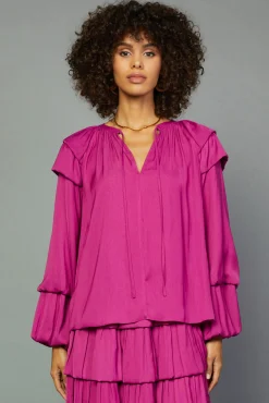 Current Air Long Sleeve Tops-Tiered Bubble Sleeve Blouse FUCHSIA