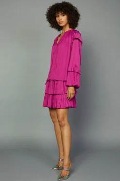 Current Air Long Sleeve Tops-Tiered Bubble Sleeve Blouse FUCHSIA