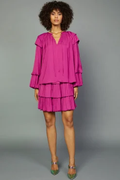 Current Air Long Sleeve Tops-Tiered Bubble Sleeve Blouse FUCHSIA