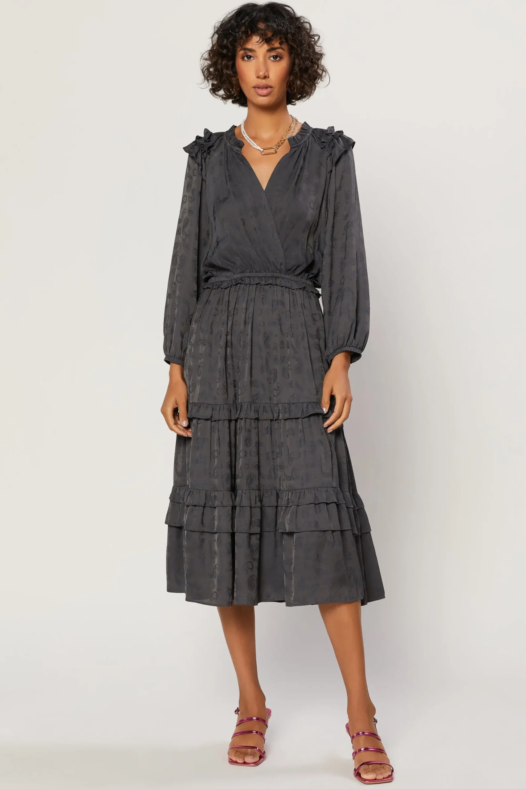 Current Air Midi Dresses-Tiered Skirt Midi Dress CHARCOAL