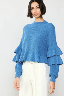 Current Air Sweaters-Tiered Sleeve Sweater BLUE