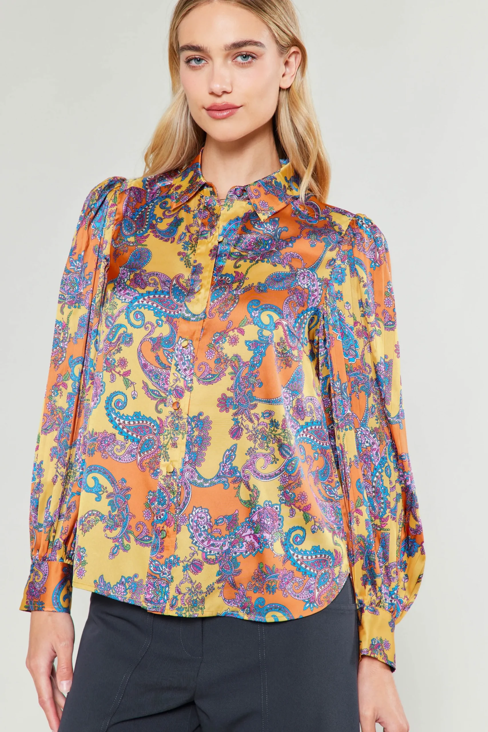 Current Air Long Sleeve Tops-Tonal Paisley Pleated Shirt ORANGEPAISLEY