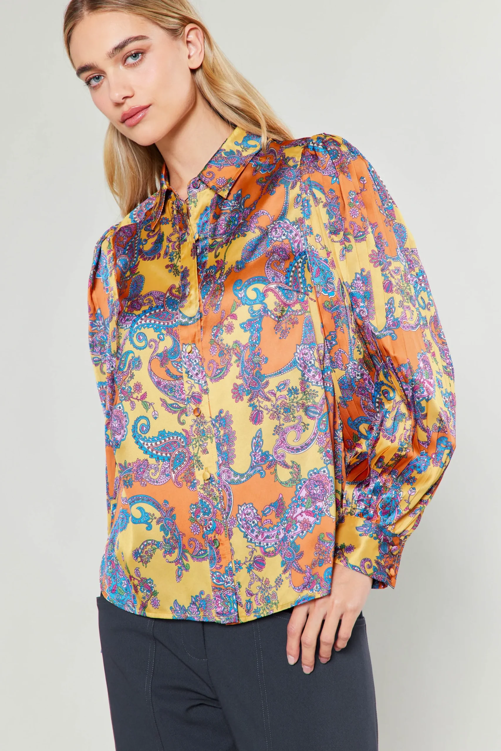 Current Air Long Sleeve Tops-Tonal Paisley Pleated Shirt ORANGEPAISLEY